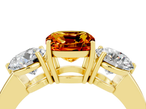 Yellow gold Cushion Cut Citrine Three-Stone Ring with Prong Setting and Classic Band_4