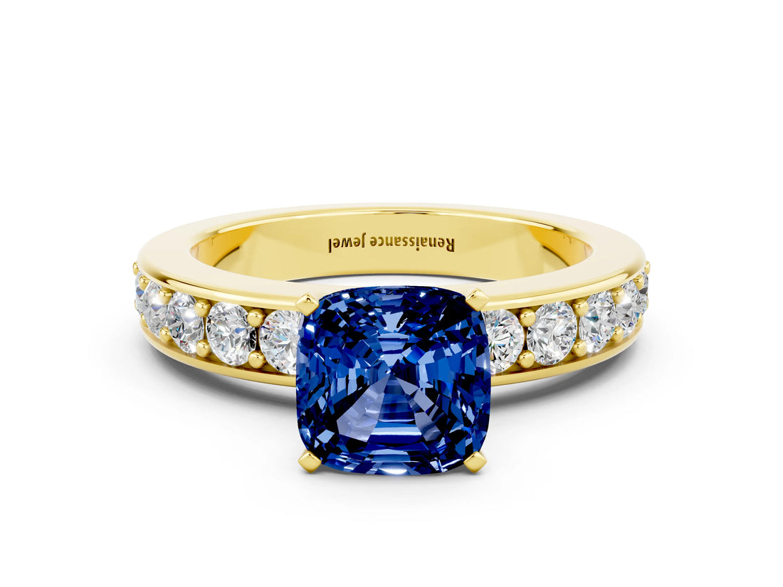 Yellow gold Cushion Cut Cut Channel Set Diamond Engagement Ring with Four-Prong Setting
