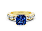 Yellow gold Cushion Cut Cut Channel Set Diamond Engagement Ring with Four-Prong Setting
