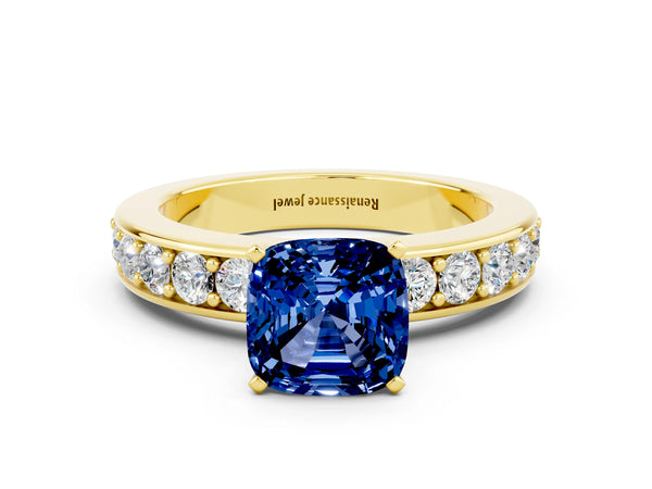 Yellow gold Cushion Cut Blue Sapphire Engagement Ring with Channel Set Round  Band and Prong Setting