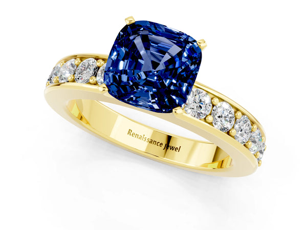Yellow gold Cushion Cut Blue Sapphire Engagement Ring with Channel Set Round  Band and Prong Setting