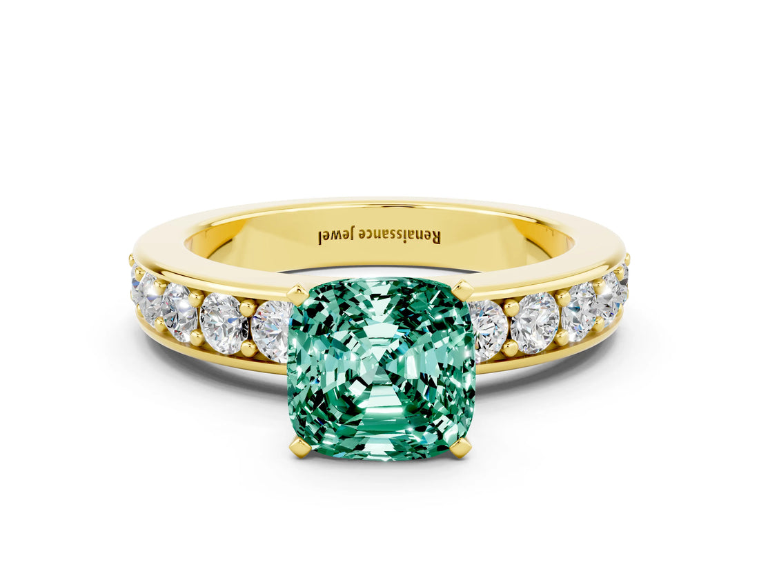 Yellow gold Cushion Cut Cut Channel Set Diamond Engagement Ring with Four-Prong Setting