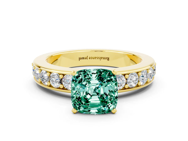Yellow gold Cushion Cut Green Sapphire Engagement Ring with Channel Set Round  Band and Prong Setting