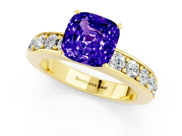 Yellow gold Cushion Cut Tanzanite Engagement Ring with Channel Set Round  Band and Prong Setting