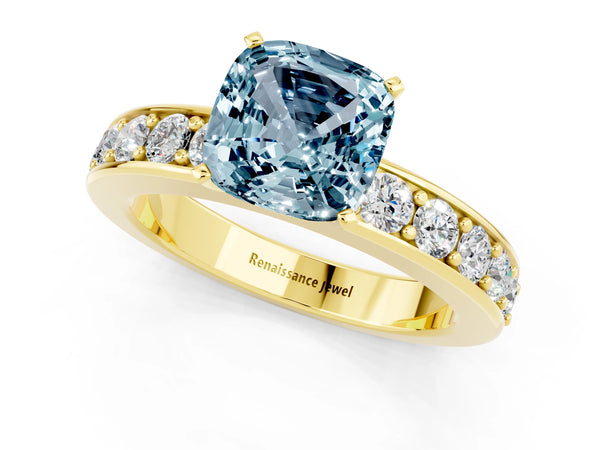 Yellow gold Cushion Cut Aquamarine Engagement Ring with Channel Set Round  Band and Prong Setting