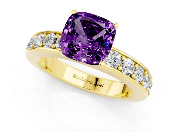 Yellow gold Cushion Cut Amethyst Engagement Ring with Channel Set Round  Band and Prong Setting