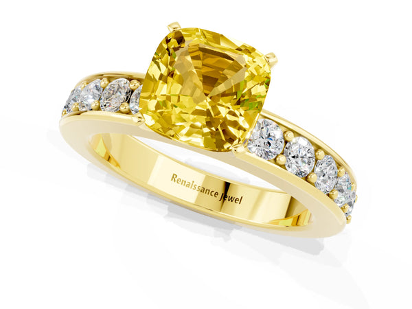 Yellow gold Cushion Cut Yellow Sapphire Engagement Ring with Channel Set Round  Band and Prong Setting