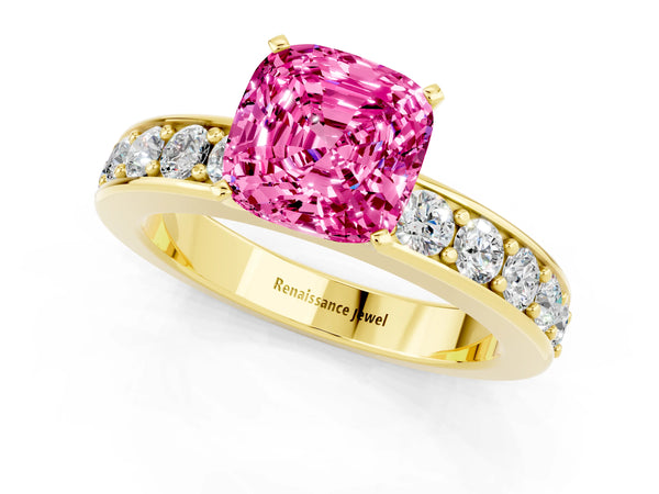 Yellow gold Cushion Cut Pink Sapphire Engagement Ring with Channel Set Round  Band and Prong Setting