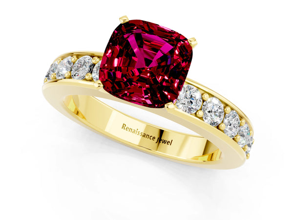 Yellow gold Cushion Cut Garnet Engagement Ring with Channel Set Round  Band and Prong Setting