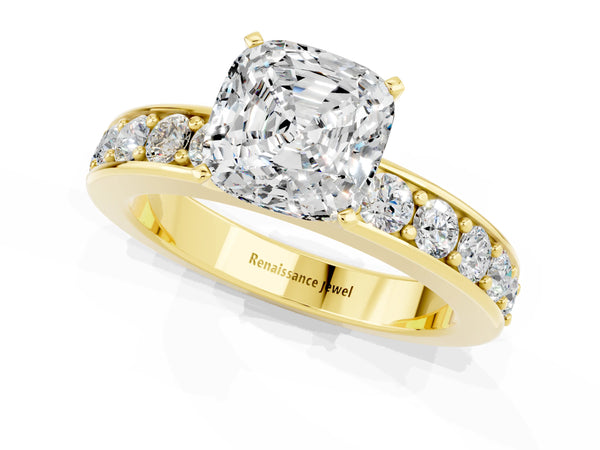 Yellow gold Cushion Cut Moissanite Engagement Ring with Channel Set Round  Band and Prong Setting