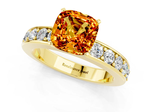 Yellow gold Cushion Cut Citrine Engagement Ring with Channel Set Round  Band and Prong Setting
