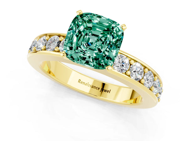 Yellow gold Cushion Cut Green Sapphire Engagement Ring with Channel Set Round  Band and Prong Setting
