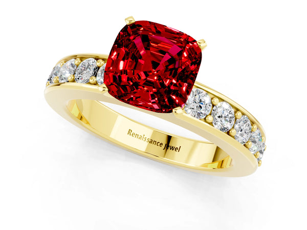 Yellow gold Cushion Cut Ruby Engagement Ring with Channel Set Round  Band and Prong Setting