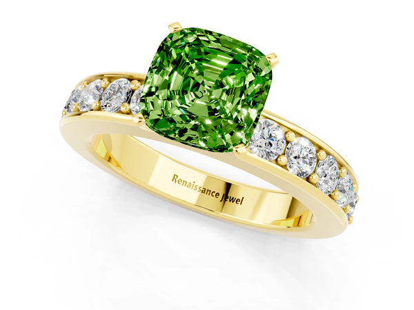 Yellow gold Cushion Cut Peridot Engagement Ring with Channel Set Round  Band and Prong Setting