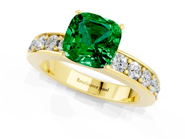 Yellow gold Cushion Cut Emerald Engagement Ring with Channel Set Round  Band and Prong Setting