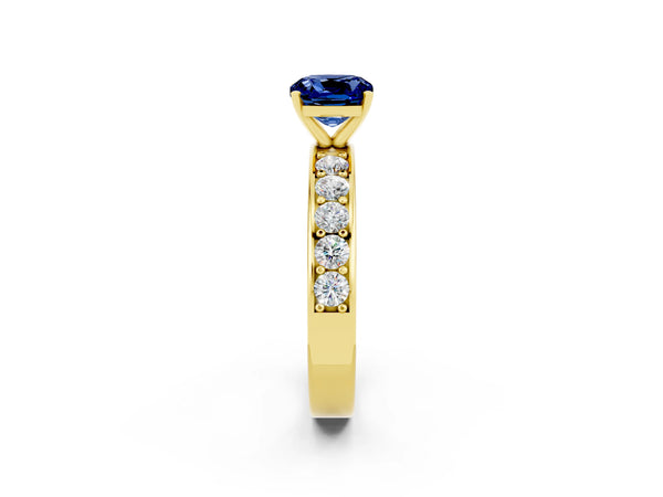 Yellow gold Cushion Cut Blue Sapphire Engagement Ring with Channel Set Round  Band and Prong Setting