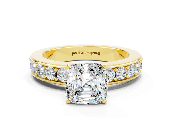 Yellow gold Cushion Cut Moissanite Engagement Ring with Channel Set Round  Band and Prong Setting