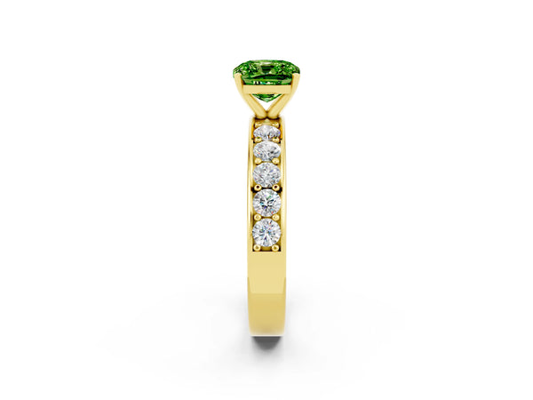 Yellow gold Cushion Cut Peridot Engagement Ring with Channel Set Round  Band and Prong Setting