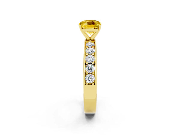 Yellow gold Cushion Cut Yellow Sapphire Engagement Ring with Channel Set Round  Band and Prong Setting