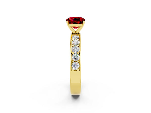 Yellow gold Cushion Cut Ruby Engagement Ring with Channel Set Round  Band and Prong Setting