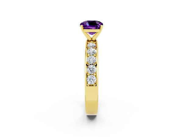 Yellow gold Cushion Cut Amethyst Engagement Ring with Channel Set Round  Band and Prong Setting