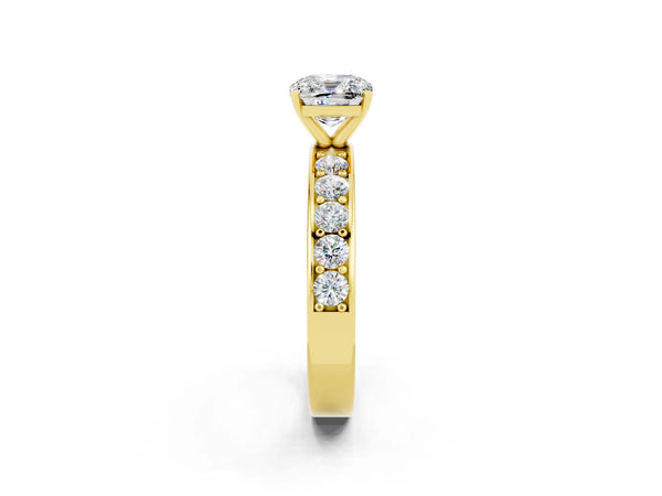 Yellow gold Cushion Cut Moissanite Engagement Ring with Channel Set Round  Band and Prong Setting