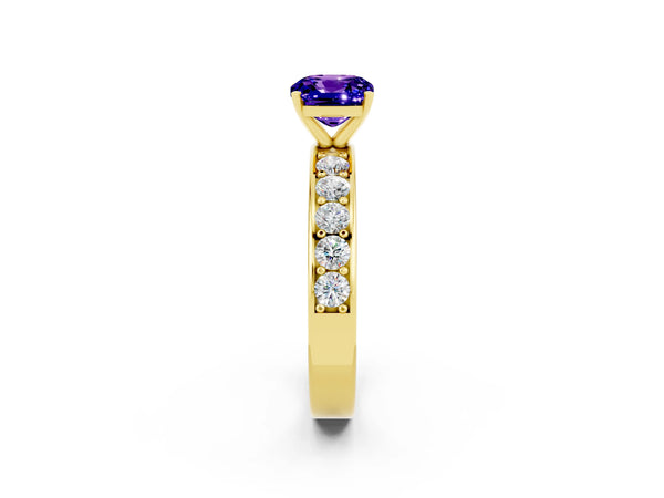 Yellow gold Cushion Cut Tanzanite Engagement Ring with Channel Set Round  Band and Prong Setting
