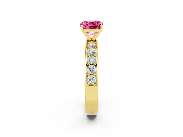 Yellow gold Cushion Cut Pink Sapphire Engagement Ring with Channel Set Round  Band and Prong Setting