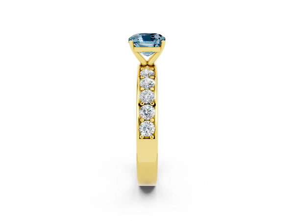 Yellow gold Cushion Cut Aquamarine Engagement Ring with Channel Set Round  Band and Prong Setting