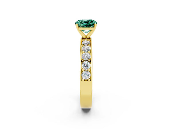 Yellow gold Cushion Cut Green Sapphire Engagement Ring with Channel Set Round  Band and Prong Setting