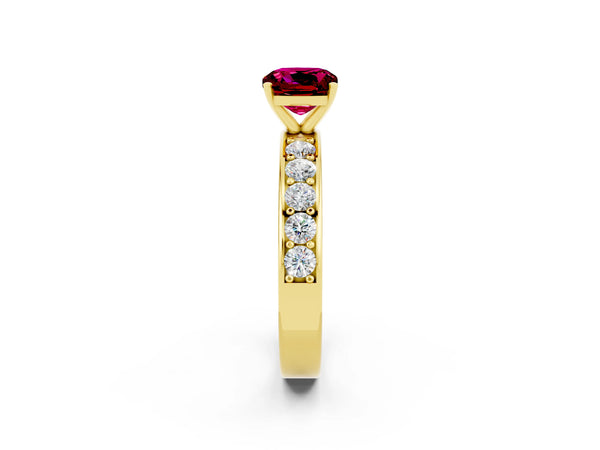 Yellow gold Cushion Cut Garnet Engagement Ring with Channel Set Round  Band and Prong Setting
