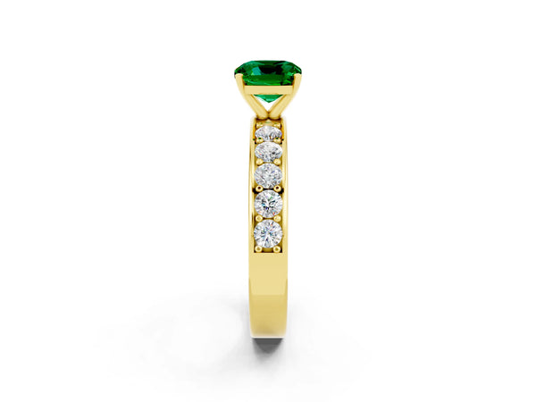 Yellow gold Cushion Cut Emerald Engagement Ring with Channel Set Round  Band and Prong Setting