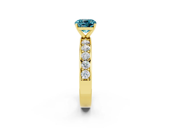 Yellow gold Cushion Cut Blue Topaz Engagement Ring with Channel Set Round  Band and Prong Setting