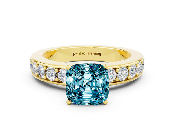 Yellow gold Cushion Cut Blue Topaz Engagement Ring with Channel Set Round  Band and Prong Setting