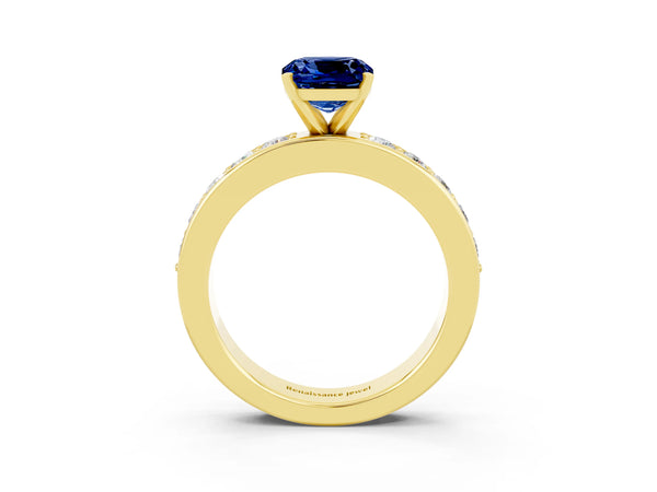 Yellow gold Cushion Cut Blue Sapphire Engagement Ring with Channel Set Round  Band and Prong Setting