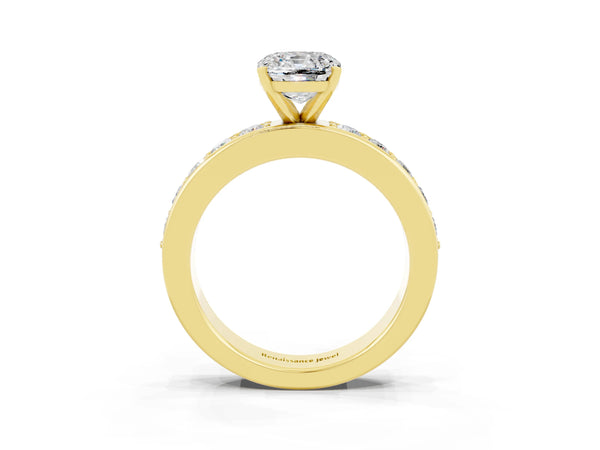 Yellow gold Cushion Cut Moissanite Engagement Ring with Channel Set Round  Band and Prong Setting