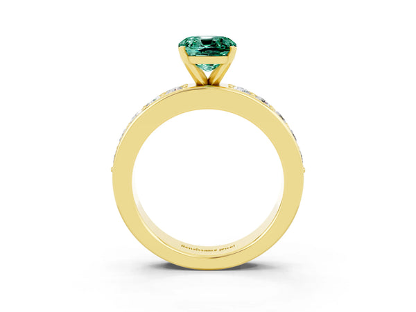 Yellow gold Cushion Cut Green Sapphire Engagement Ring with Channel Set Round  Band and Prong Setting