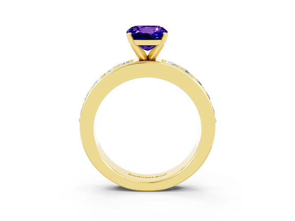 Yellow gold Cushion Cut Tanzanite Engagement Ring with Channel Set Round  Band and Prong Setting