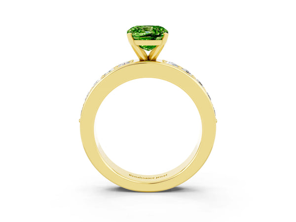 Yellow gold Cushion Cut Peridot Engagement Ring with Channel Set Round  Band and Prong Setting