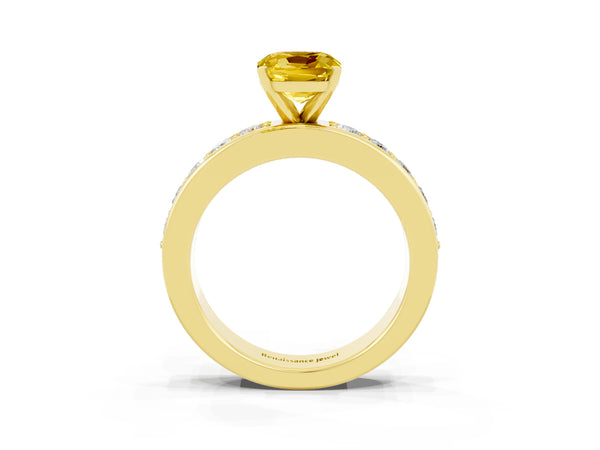 Yellow gold Cushion Cut Yellow Sapphire Engagement Ring with Channel Set Round  Band and Prong Setting