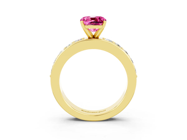 Yellow gold Cushion Cut Pink Sapphire Engagement Ring with Channel Set Round  Band and Prong Setting