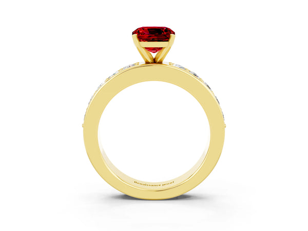 Yellow gold Cushion Cut Ruby Engagement Ring with Channel Set Round  Band and Prong Setting