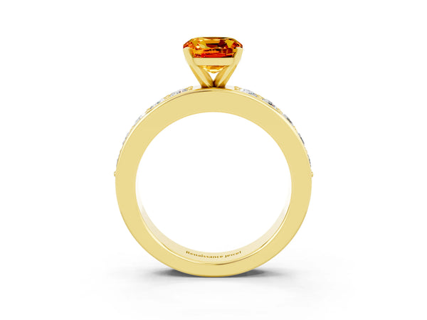 Yellow gold Cushion Cut Citrine Engagement Ring with Channel Set Round  Band and Prong Setting