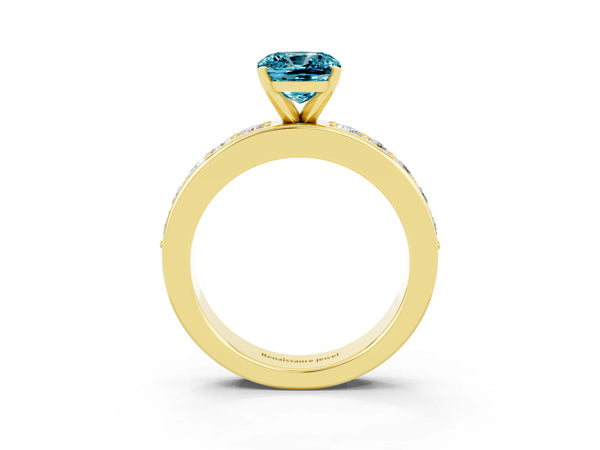 Yellow gold Cushion Cut Blue Topaz Engagement Ring with Channel Set Round  Band and Prong Setting