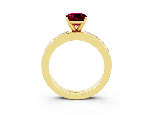 Yellow gold Cushion Cut Garnet Engagement Ring with Channel Set Round  Band and Prong Setting