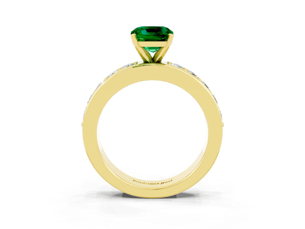 Yellow gold Cushion Cut Emerald Engagement Ring with Channel Set Round  Band and Prong Setting