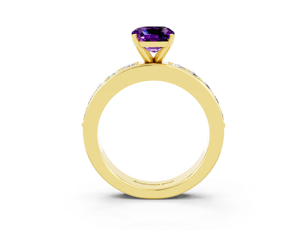 Yellow gold Cushion Cut Amethyst Engagement Ring with Channel Set Round  Band and Prong Setting