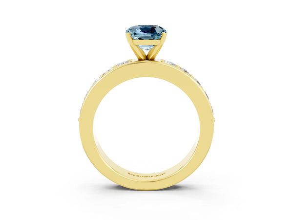 Yellow gold Cushion Cut Aquamarine Engagement Ring with Channel Set Round  Band and Prong Setting