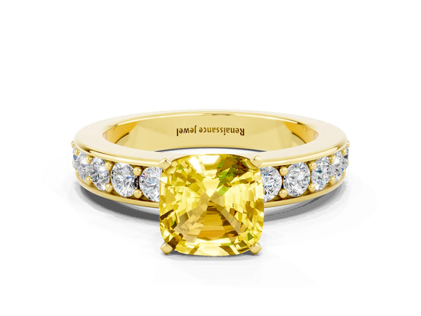 Yellow gold Cushion Cut Yellow Sapphire Engagement Ring with Channel Set Round  Band and Prong Setting