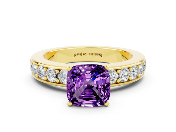 Yellow gold Cushion Cut Amethyst Engagement Ring with Channel Set Round  Band and Prong Setting